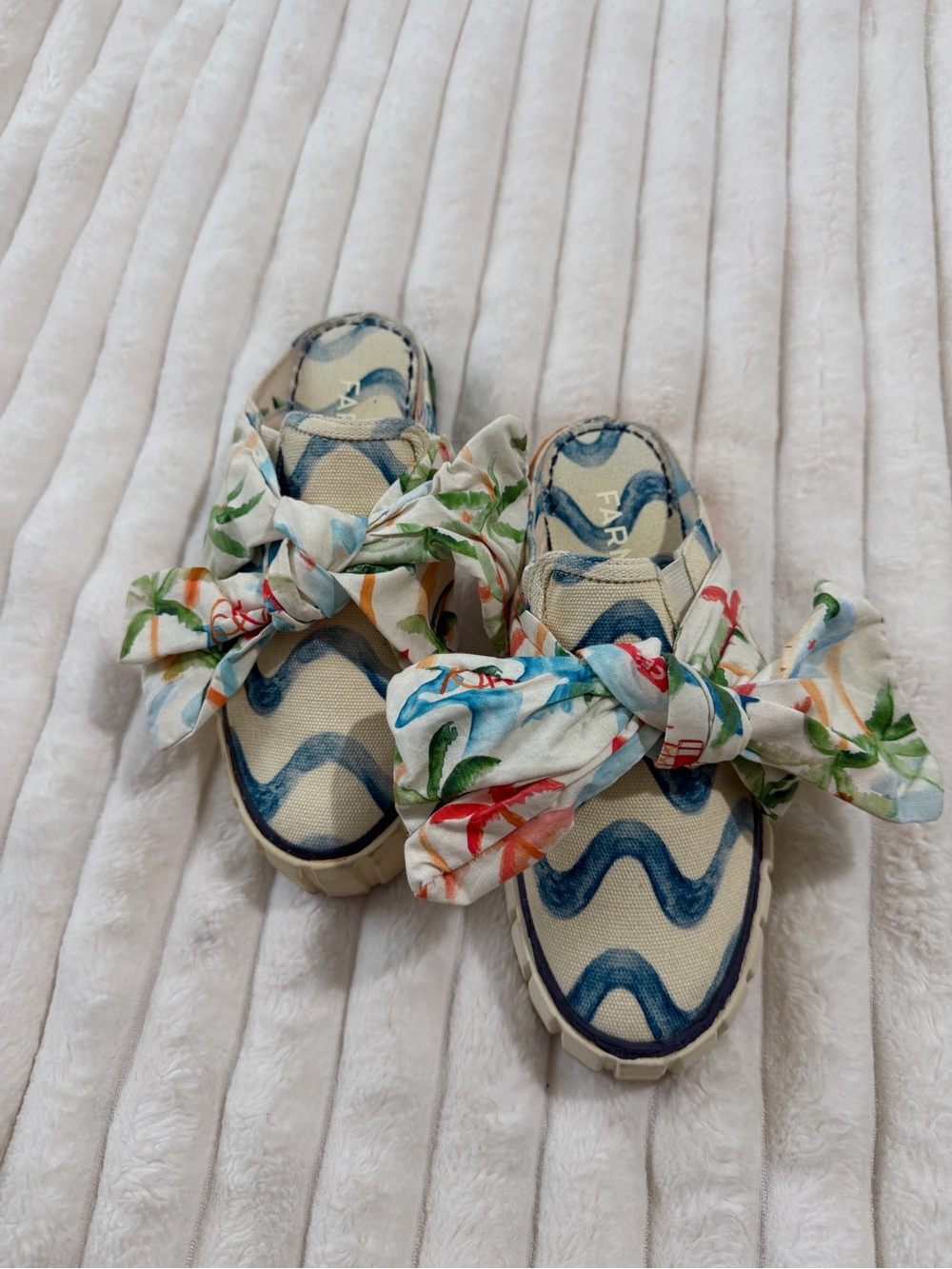FARM Rio Copacabana Wave-Print Canvas Slip-Ons with Floral Scarf Ties